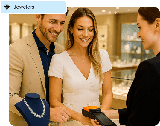 A couple happily purchases a necklace at a high-end jewelry store, illustrating the seamless point-of-sale experience for luxury retail.