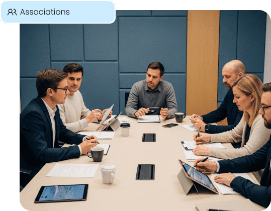 A professional board meeting, representing the leadership of the associations that partner with Aurora Payments for member benefits and revenue sharing.