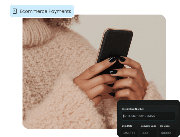 A person shops on their smartphone, with an overlay of a secure credit card entry form, illustrating Aurora Payments' solutions for ecommerce payments.