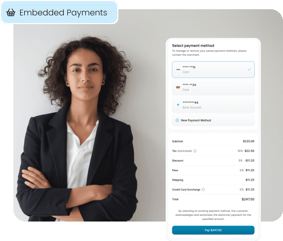 A confident software user with an overlay of a seamless, embedded payment module showing stored payment options and a complete transaction breakdown.