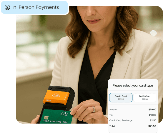 A customer's POS transaction shows a credit card surcharge from Aurora Payments.