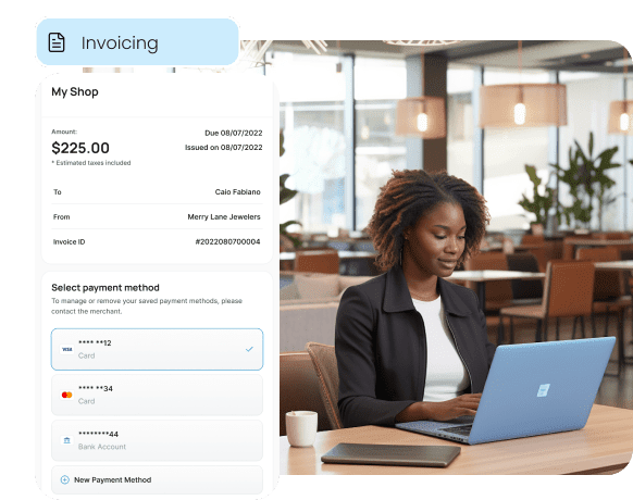 A business owner works on her laptop, with an overlay showing a professional digital invoice and an easy online payment screen, illustrating a complete invoicing solution.