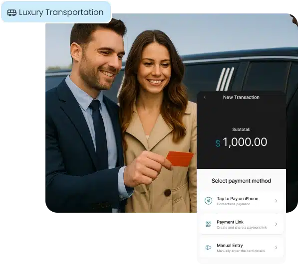 A chauffeur and client complete a transaction in front of a luxury vehicle, illustrating modern mobile payment solutions for the luxury transportation industry.