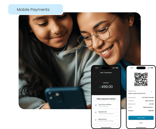 A mobile phone displays an app with features like Tap to Pay and payment links, illustrating how businesses can use mobile payments to accept payments anywhere.