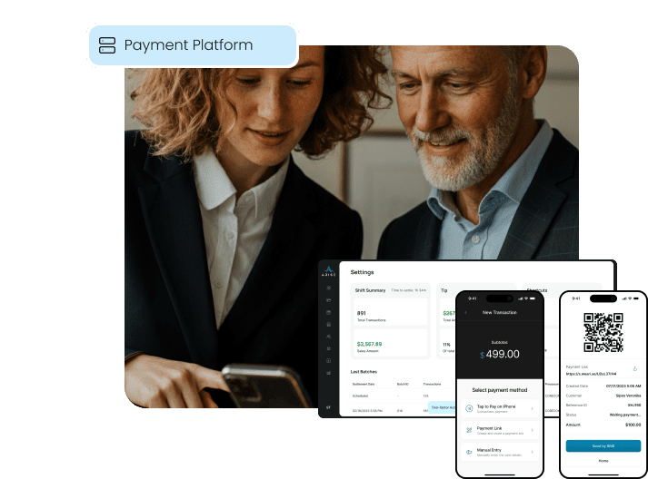 An image collage showcasing the unified Payment Platform, including the main reporting dashboard and mobile payment apps, with two professionals collaborating in the background.