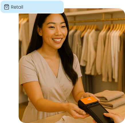 Sales associate hands a POS terminal to a customer, creating a seamless retail experience.