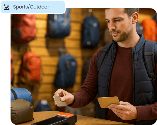 A customer makes a quick contactless payment at an outdoor sporting goods store, illustrating a seamless checkout experience for retail.