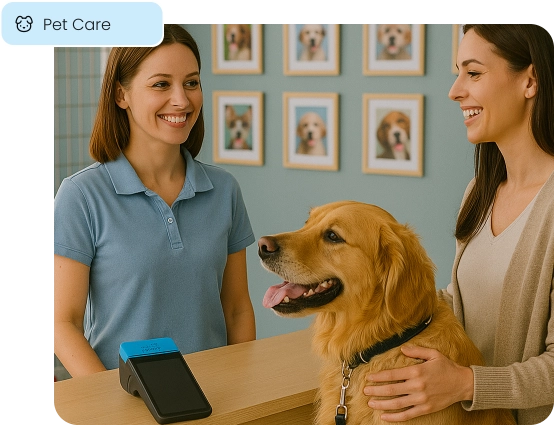 A client with her dog at a pet care facility, illustrating a friendly checkout experience.