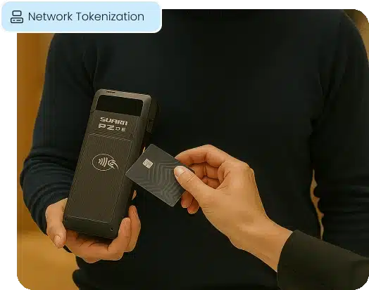 A person using a secure tap to pay terminal.