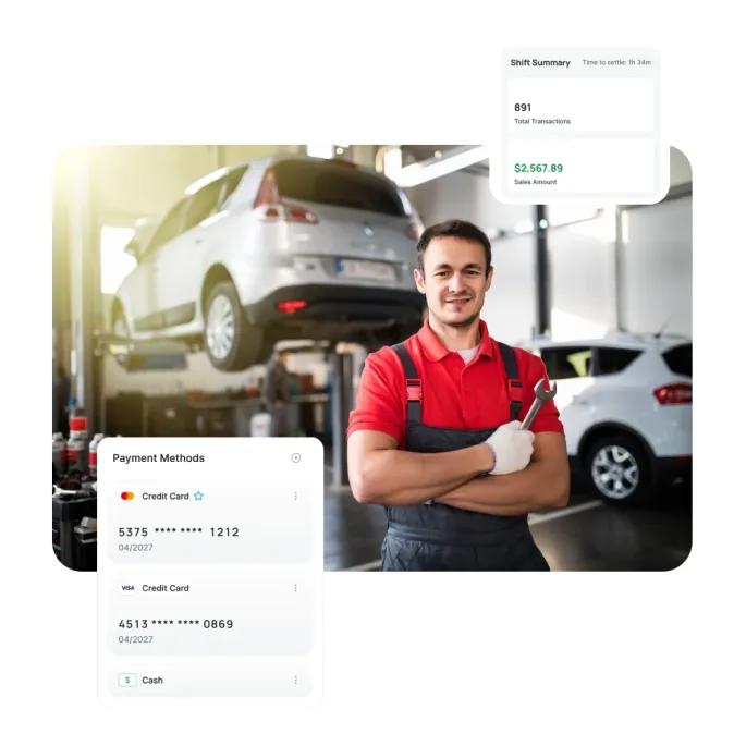 Mechanic in garage using Aurora software for payment methods and daily shift summaries.