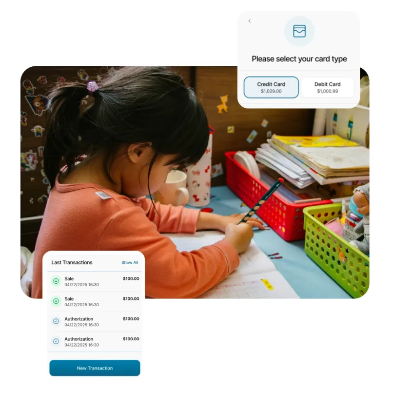 Child focused on schoolwork with Aurora software overlays for card selection and billing.