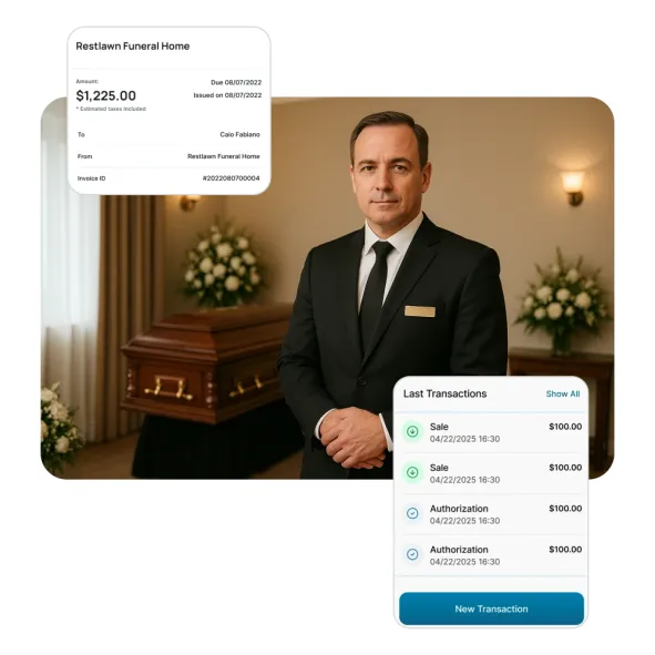 Death care professional with Aurora software overlays for digital invoicing and transactions.