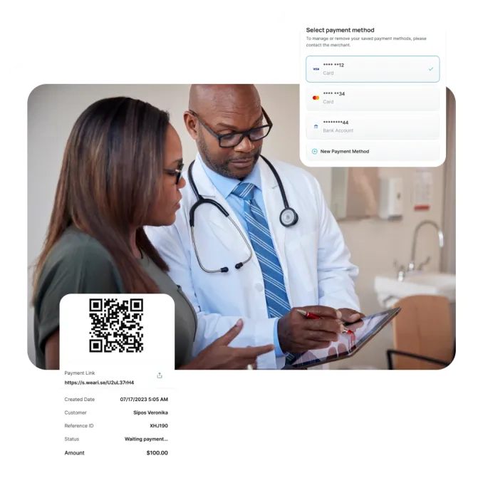 Doctor showing patient an Aurora payment link with QR code and flexible billing options.