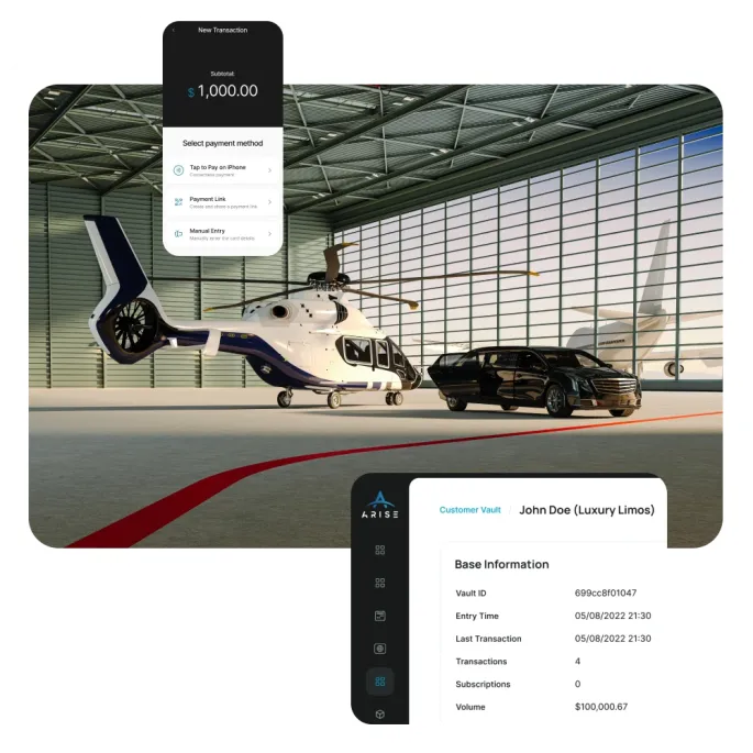 Private jet, helicopter, and limo in hangar with Aurora payment methods and customer vault UI.
