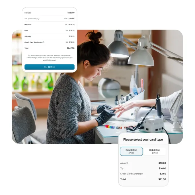 Nail technician performing a manicure with Aurora software showing checkout and surcharge UI.