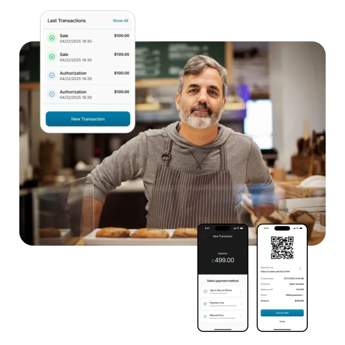 Retail owner in apron with Aurora software displaying recent transactions and QR payment links.