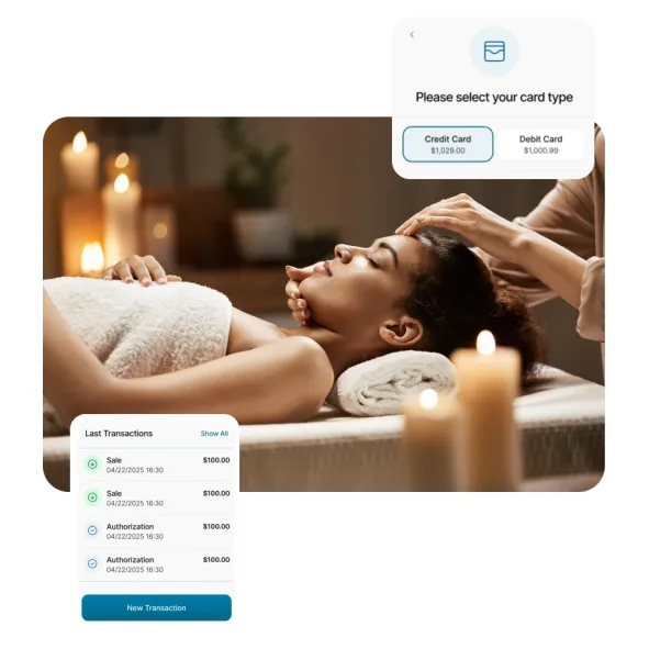 Woman receiving spa facial with Aurora payment UI for card selection and transactions.