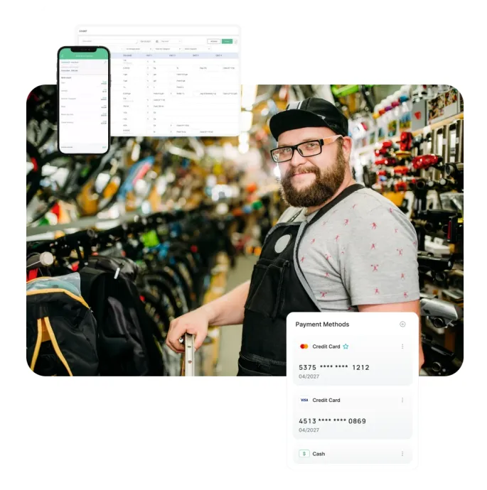 Sporting goods inventory management system shown with POS and stock tracking in a bike shop.