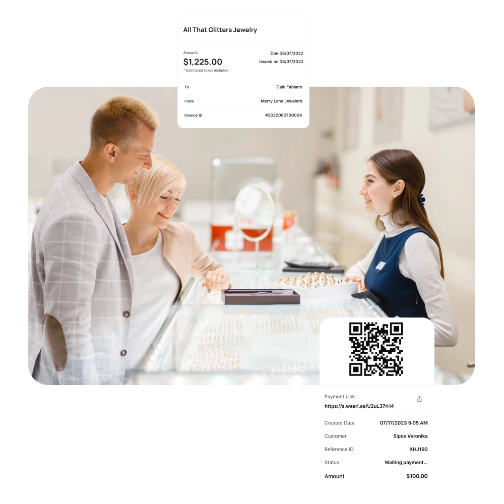 Jewelry store couple with Aurora software for digital invoicing and QR code payment links.