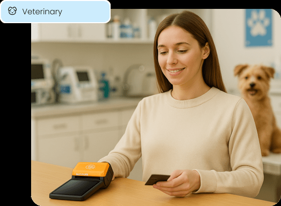 A client makes a payment at a veterinary clinic, illustrating a seamless checkout experience.