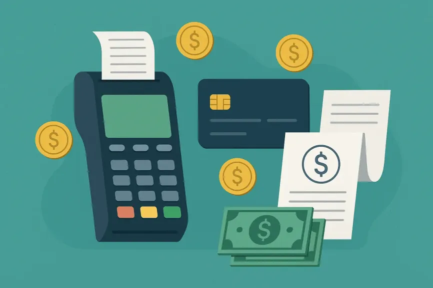 Illustration of a POS, card, cash & receipts, representing credit card processing costs.