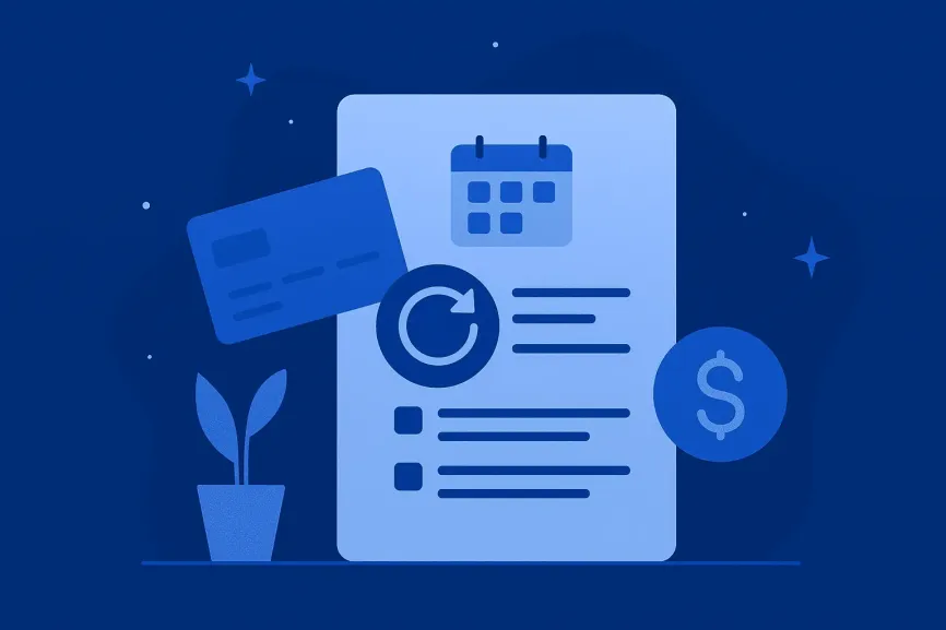 Infographic shows recurring payments automatically billed to a card for subscriptions/memberships.