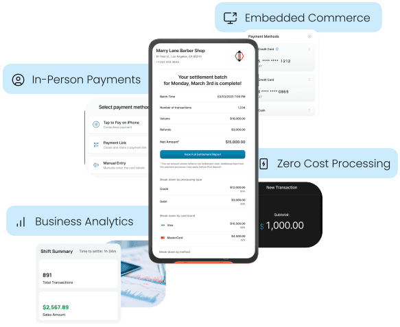 Aurora's mobile platform: in-person & embedded payments, zero-cost processing & business analytics.