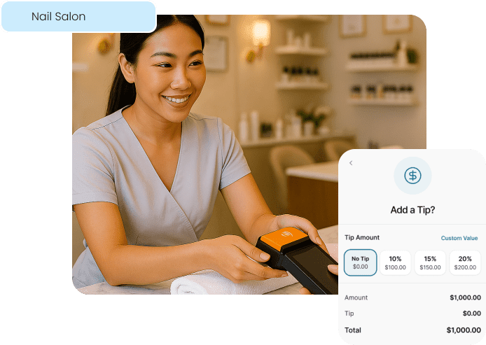 A nail technician accepts a payment from a client, with an overlay showing the easy-to-use tipping screen on the point-of-sale system.